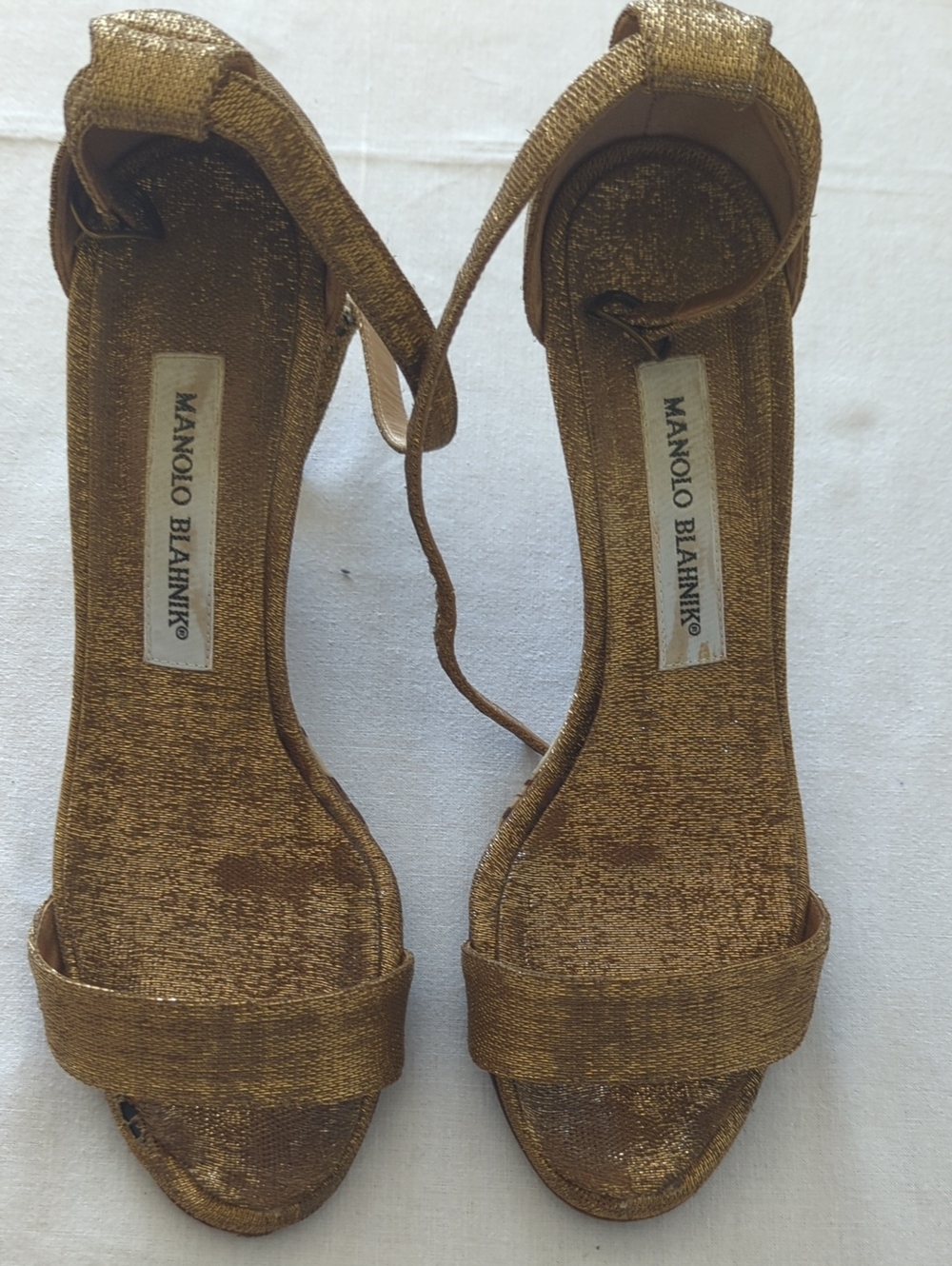 Manolo Blahnik Metallic Gold Ankle-Tie Sandals